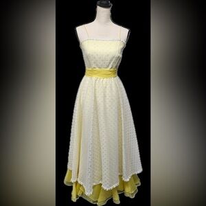 Vintage 1970’s Union Made Charming Yellow and White Women’s Formal, Prom Dress